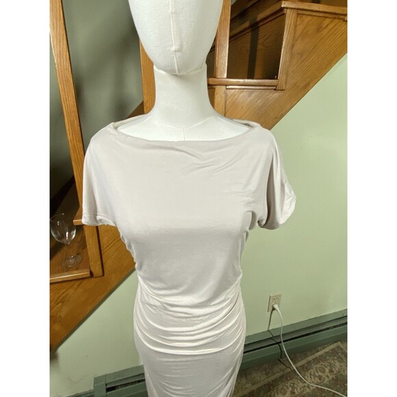 LaLavon Women's Sz M Beige Maxi Dress Bodycon Ruched Tie Back Minimalistic Party - Picture 2 of 8